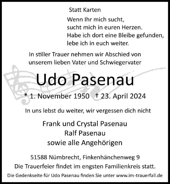 Anzeige von Udo Pasenau von  Lokalanzeiger 
