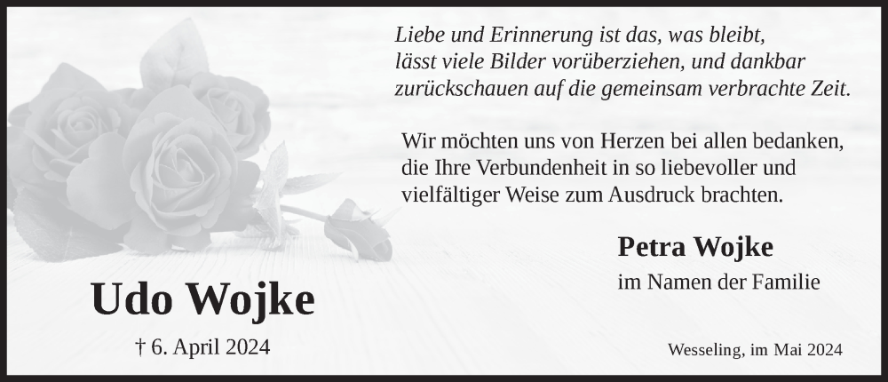  Traueranzeige für Udo Wojke vom 17.05.2024 aus  Schlossbote/Werbekurier 