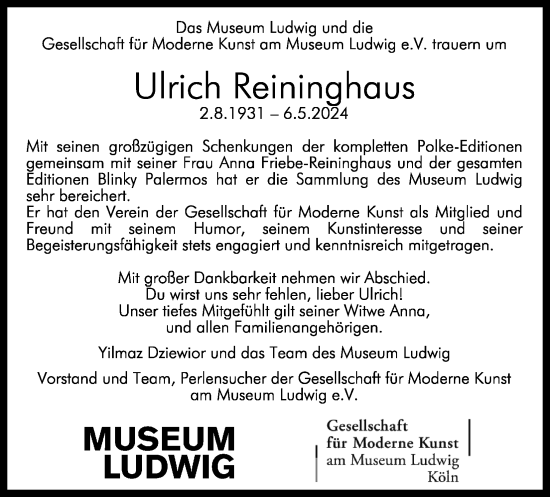 Anzeige von Ulrich Reininghaus von Kölner Stadt-Anzeiger / Kölnische Rundschau / Express