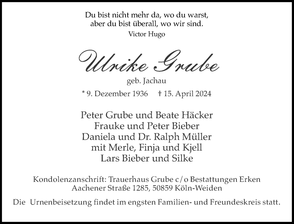  Traueranzeige für Ulrike Grube vom 11.05.2024 aus Kölner Stadt-Anzeiger / Kölnische Rundschau / Express