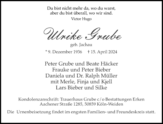 Anzeige von Ulrike Grube von Kölner Stadt-Anzeiger / Kölnische Rundschau / Express