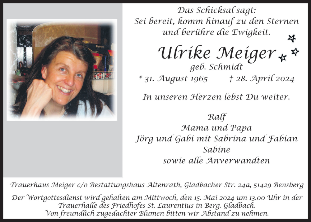  Traueranzeige für Ulrike Meiger vom 10.05.2024 aus  Bergisches Handelsblatt 
