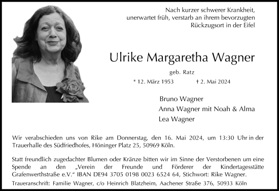 Anzeige von Ulrike Margaretha Wagner von Kölner Stadt-Anzeiger / Kölnische Rundschau / Express