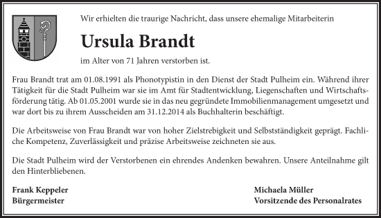 Anzeige von Ursula Brandt von  Wochenende 