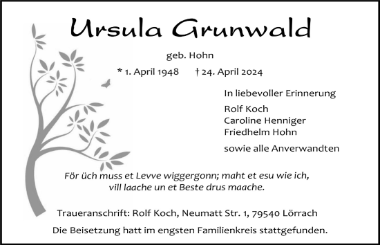 Anzeige von Ursula Grunwald von  Blickpunkt Euskirchen 