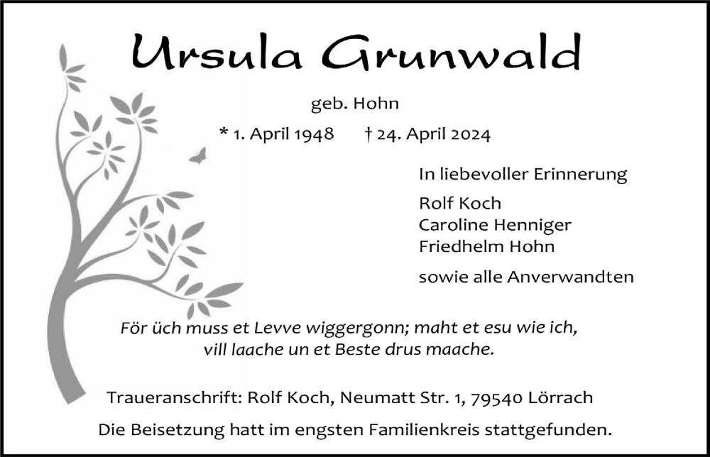  Traueranzeige für Ursula Grunwald vom 04.05.2024 aus  Blickpunkt Euskirchen 