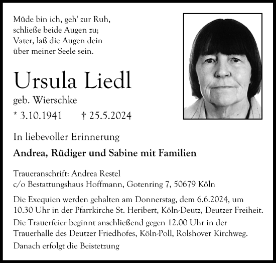 Anzeige von Ursula Liedl von Kölner Stadt-Anzeiger / Kölnische Rundschau / Express