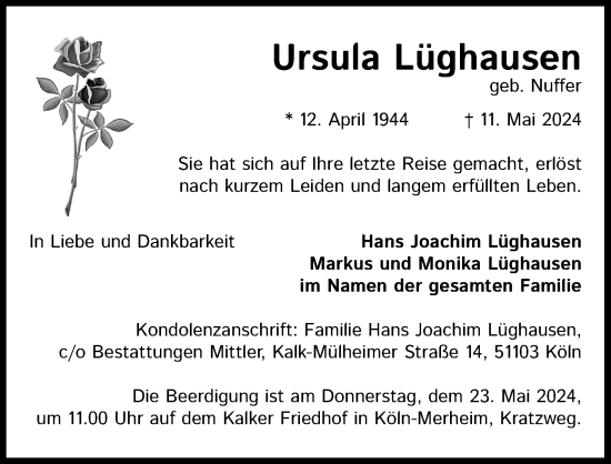 Anzeige von Ursula Lüghausen von Kölner Stadt-Anzeiger / Kölnische Rundschau / Express
