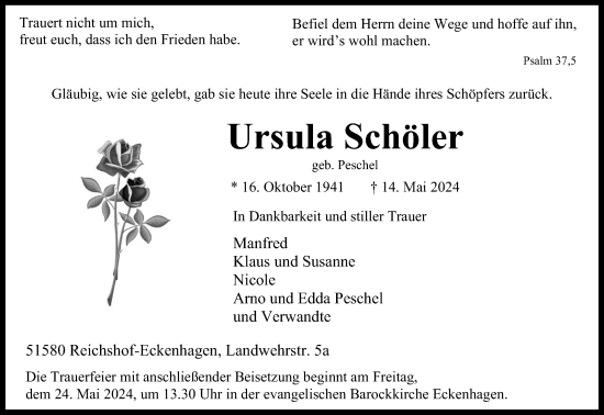 Anzeige von Ursula Schöler von Kölner Stadt-Anzeiger / Kölnische Rundschau / Express
