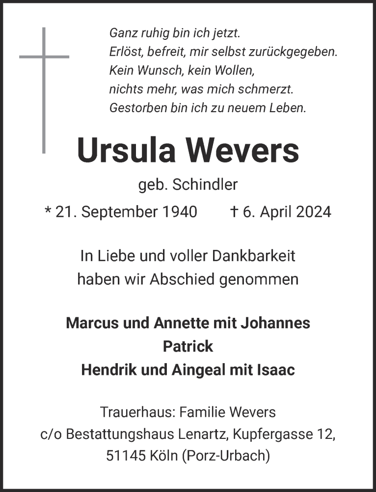  Traueranzeige für Ursula Wevers vom 10.05.2024 aus  EXPRESS - Die Woche 