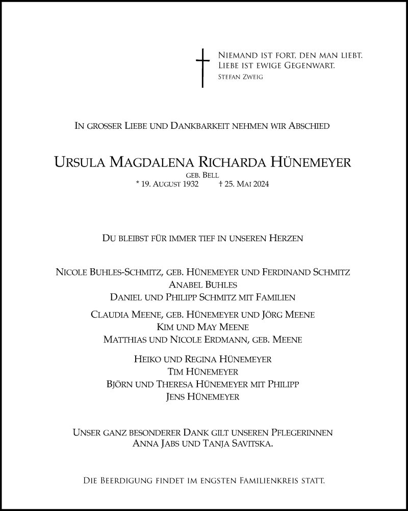  Traueranzeige für Ursula Magdalena Richarda Hünemeyer vom 01.06.2024 aus Kölner Stadt-Anzeiger / Kölnische Rundschau / Express