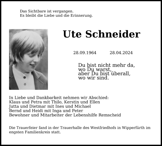Anzeige von Ute Schneider von Kölner Stadt-Anzeiger / Kölnische Rundschau / Express