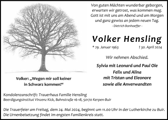 Anzeige von Volker Hensling von  Werbepost 