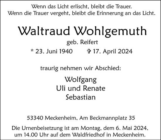 Anzeige von Waltraud Wohlgemuth von  Schaufenster/Blickpunkt 