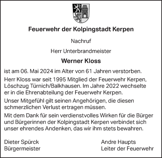 Anzeige von Werner Kloss von  Werbepost 