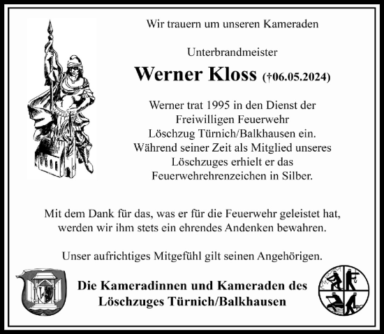 Anzeige von Werner Kloss von  Werbepost 