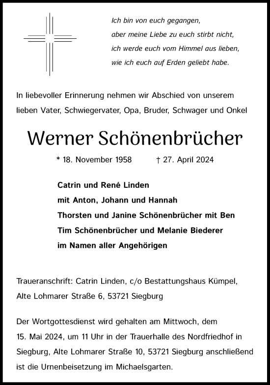 Anzeige von Werner Schönenbrücher von Kölner Stadt-Anzeiger / Kölnische Rundschau / Express