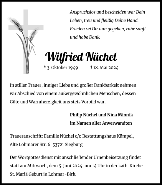 Anzeige von Wilfried Nüchel von Kölner Stadt-Anzeiger / Kölnische Rundschau / Express
