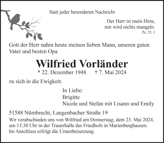 Anzeige von Wilfried Vorländer von  Lokalanzeiger 