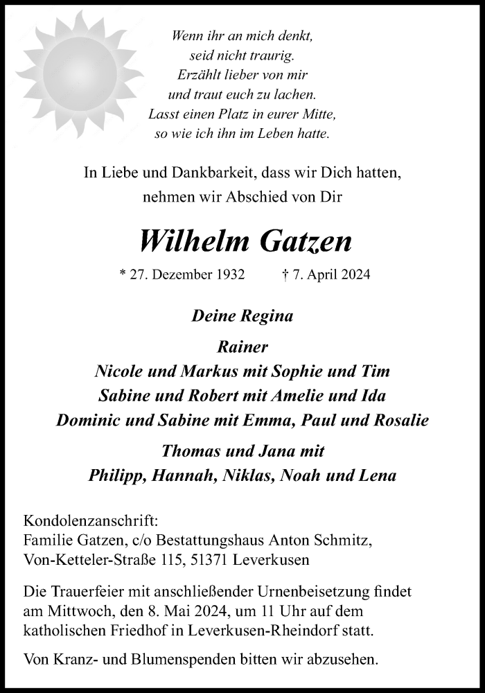  Traueranzeige für Wilhelm Gatzen vom 04.05.2024 aus Kölner Stadt-Anzeiger / Kölnische Rundschau / Express