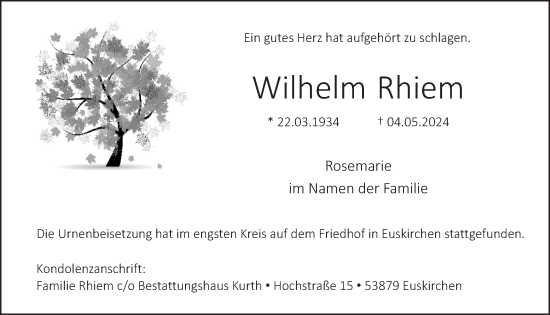 Anzeige von Wilhelm Rhiem von  Blickpunkt Euskirchen 