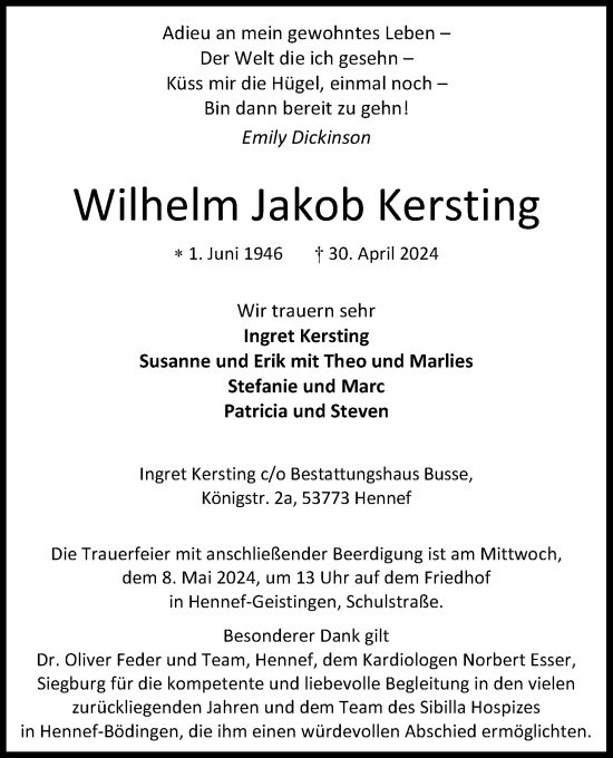 Anzeige von Wilhelm Jakob Kersting von Kölner Stadt-Anzeiger / Kölnische Rundschau / Express