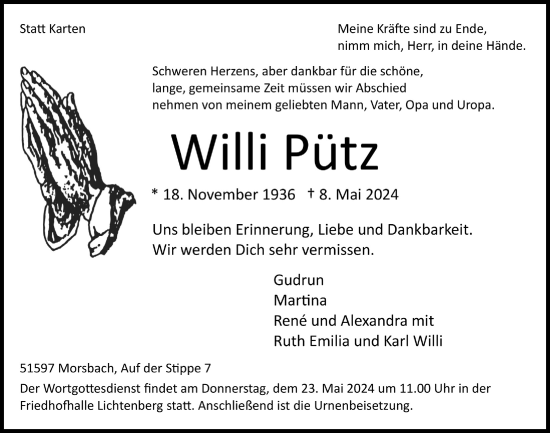 Anzeige von Willi Pütz von  Lokalanzeiger 