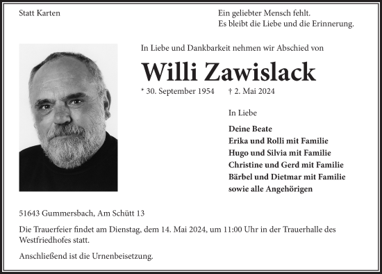 Anzeige von Willi Zawislack von  Anzeigen Echo 