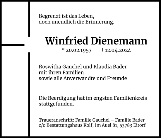 Anzeige von Winfried Dienemann von Kölner Stadt-Anzeiger / Kölnische Rundschau / Express