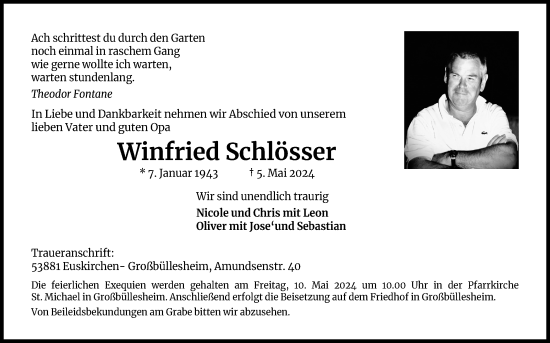 Anzeige von Winfried Schlösser von Kölner Stadt-Anzeiger / Kölnische Rundschau / Express