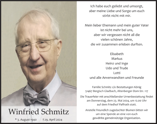 Anzeige von Winfried Schmitz von  Bergisches Handelsblatt 