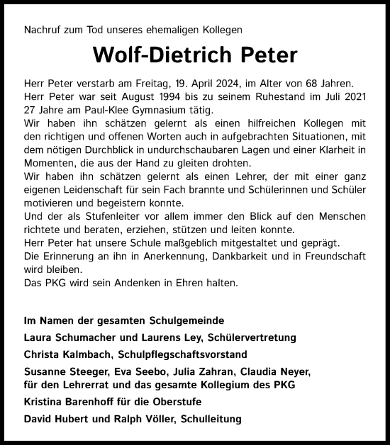 Anzeige von Wolf-Dietrich Peter von Kölner Stadt-Anzeiger / Kölnische Rundschau / Express