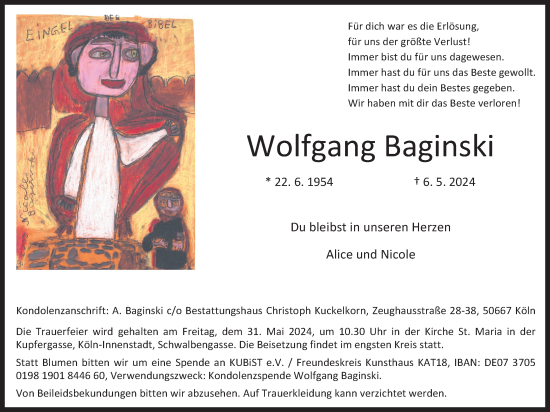 Anzeige von Wolfgang Baginski von Kölner Stadt-Anzeiger / Kölnische Rundschau / Express