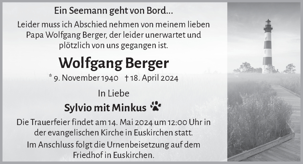  Traueranzeige für Wolfgang Berger vom 11.05.2024 aus  Blickpunkt Euskirchen 