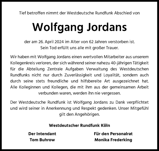Anzeige von Wolfgang Jordans von Kölner Stadt-Anzeiger / Kölnische Rundschau / Express