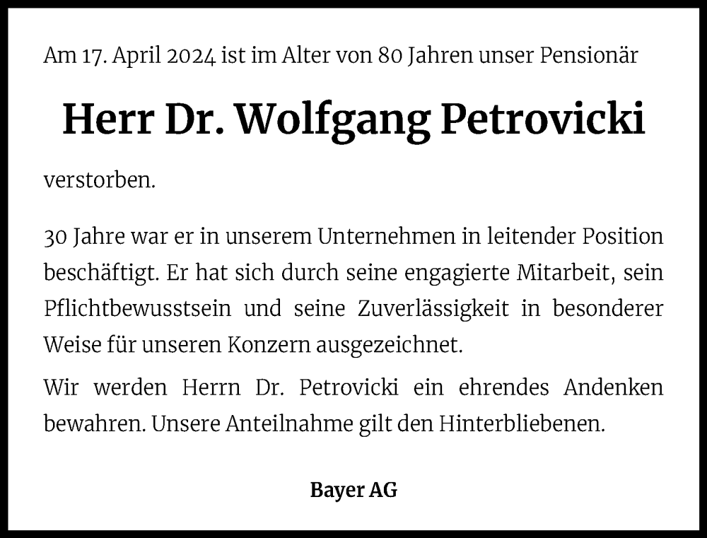  Traueranzeige für Wolfgang Petrovicki vom 04.05.2024 aus Kölner Stadt-Anzeiger / Kölnische Rundschau / Express