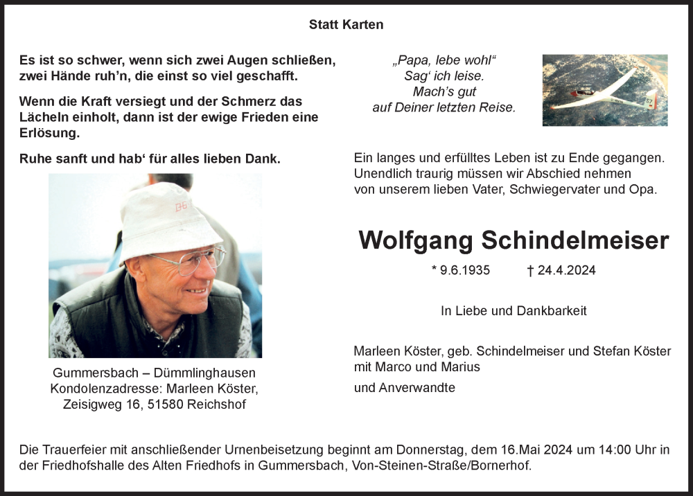  Traueranzeige für Wolfgang Schindelmeiser vom 10.05.2024 aus  Anzeigen Echo 