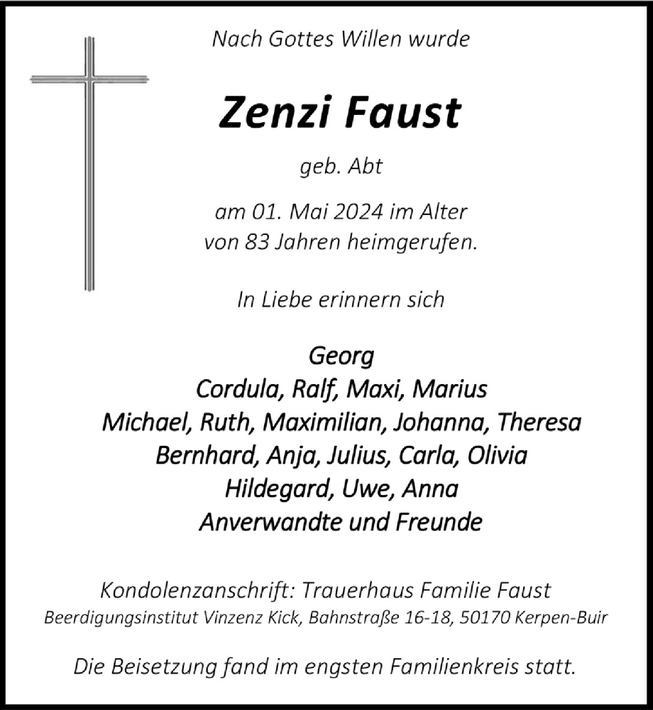  Traueranzeige für Zenzi Faust vom 10.05.2024 aus  Werbepost 