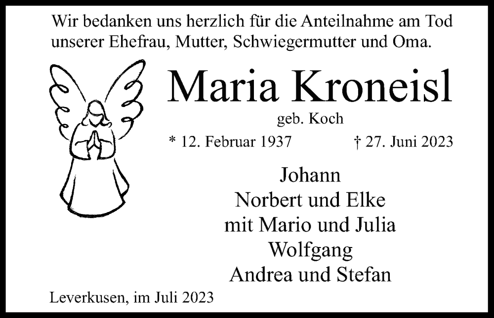  Traueranzeige für Maria Kroneisl vom 22.07.2023 aus Kölner Stadt-Anzeiger / Kölnische Rundschau / Express