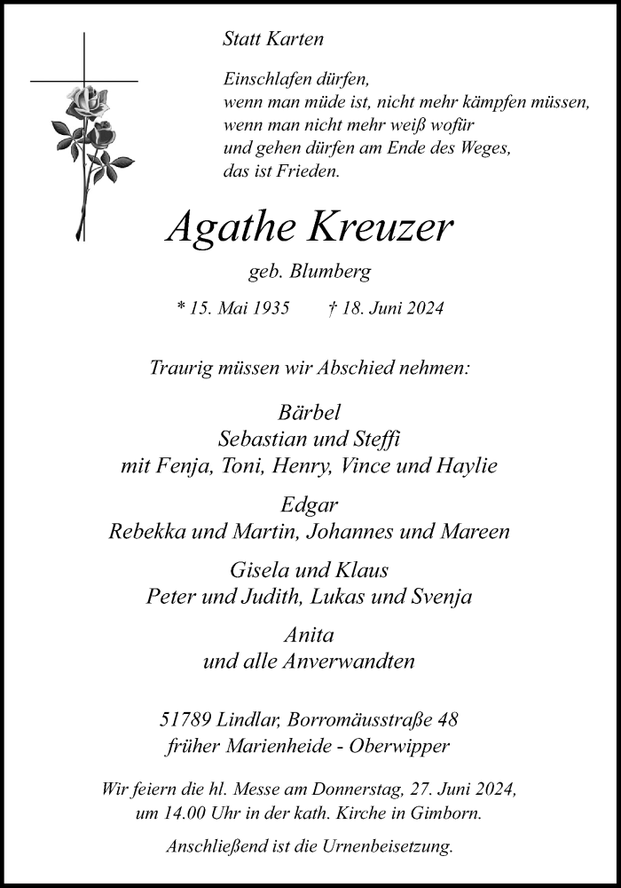  Traueranzeige für Agathe Kreuzer vom 22.06.2024 aus Kölner Stadt-Anzeiger / Kölnische Rundschau / Express