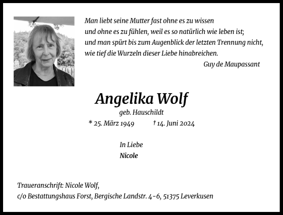 Anzeige von Angelika Wolf von Kölner Stadt-Anzeiger / Kölnische Rundschau / Express
