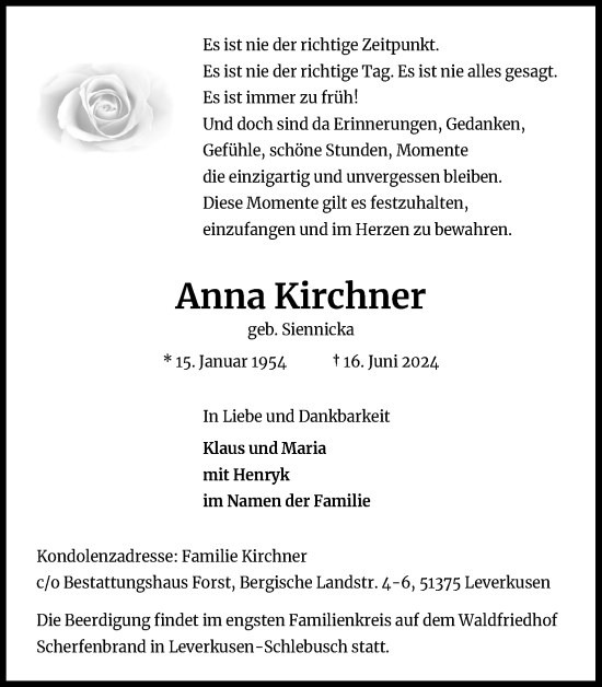 Anzeige von Anna Kirchner von Kölner Stadt-Anzeiger / Kölnische Rundschau / Express