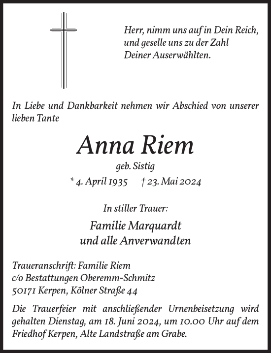 Anzeige von Anna Riem von  Werbepost 