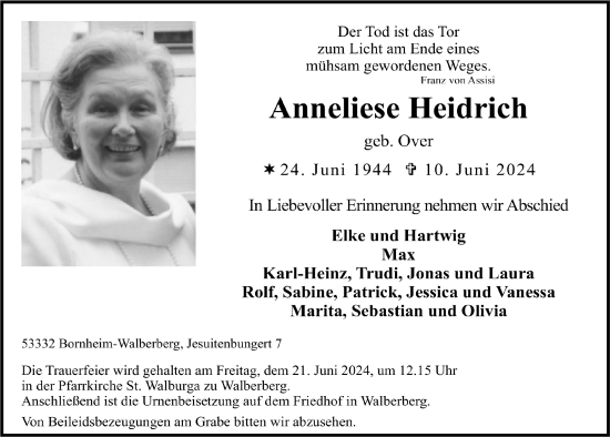 Anzeige von Anneliese Heidrich von  Schaufenster/Blickpunkt  Schlossbote/Werbekurier 