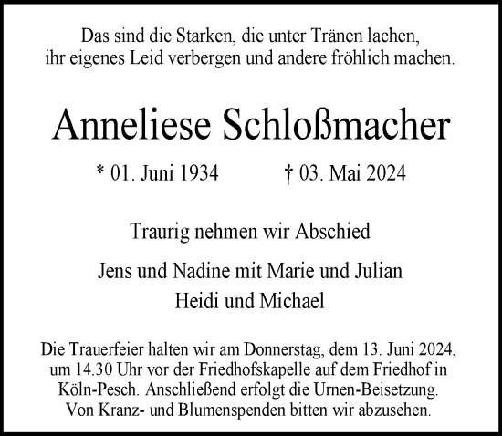 Anzeige von Anneliese Schloßmacher von  EXPRESS - Die Woche 