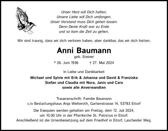 Anzeige von Anni Baumann von Kölner Stadt-Anzeiger / Kölnische Rundschau / Express