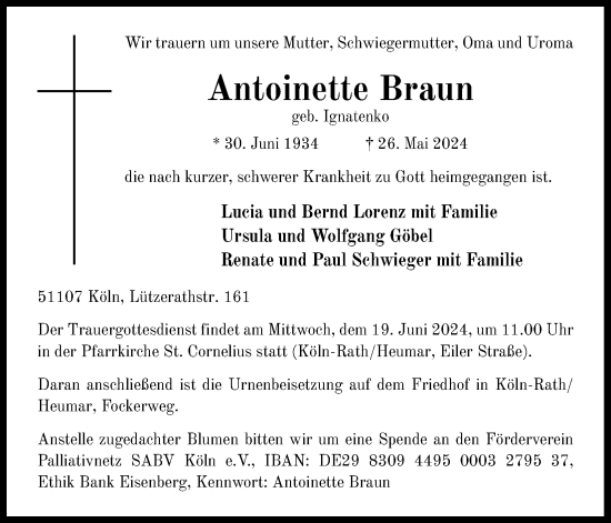 Anzeige von Antoinette Braun von Kölner Stadt-Anzeiger / Kölnische Rundschau / Express