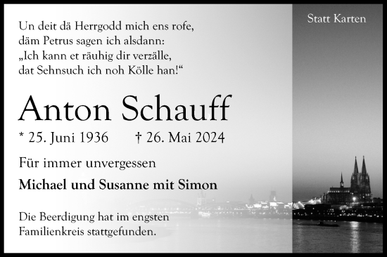 Anzeige von Anton Schauff von Kölner Stadt-Anzeiger / Kölnische Rundschau / Express