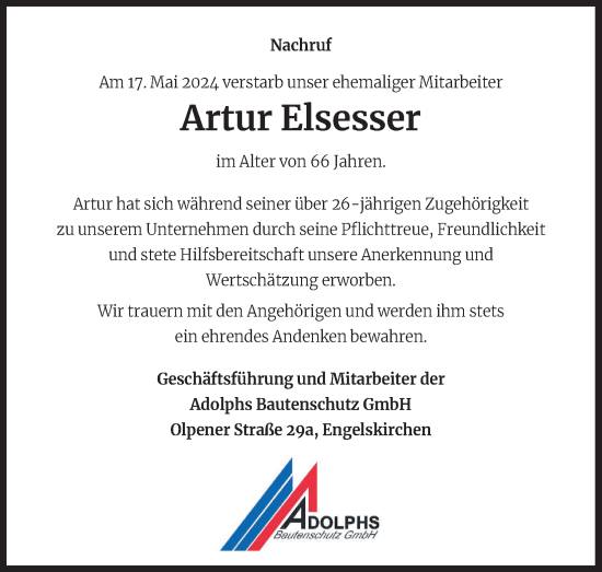 Anzeige von Artur Elsesser von Kölner Stadt-Anzeiger / Kölnische Rundschau / Express