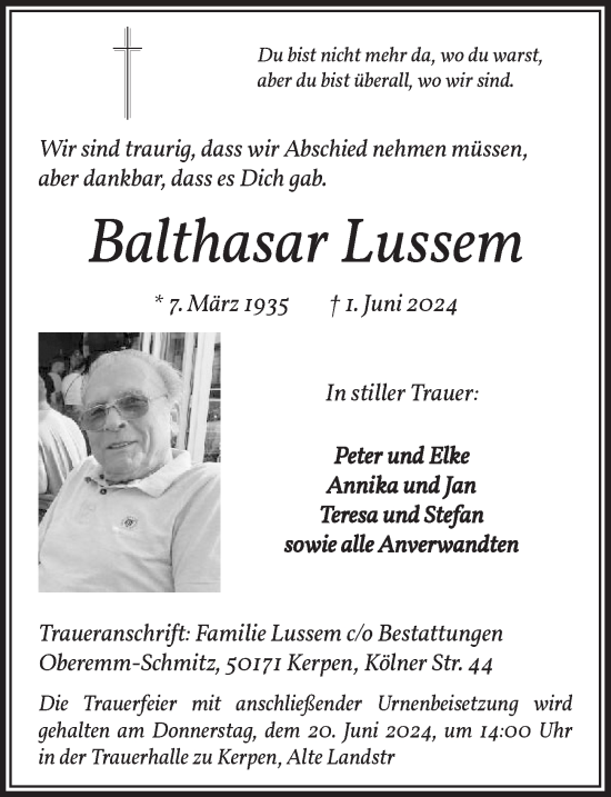Anzeige von Balthasar Lussem von  Werbepost 